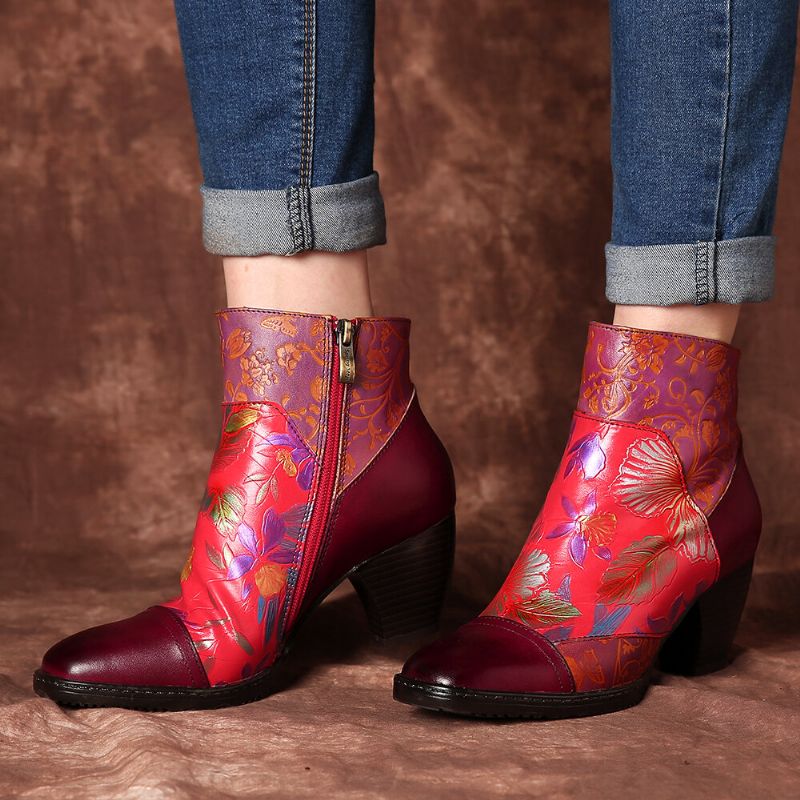 Bunt Bedrucktes Blumenmuster Im Retro-stil Mit Geprägten Nähten Und Bequemen High-heel-stiefeln Mit Reißverschluss