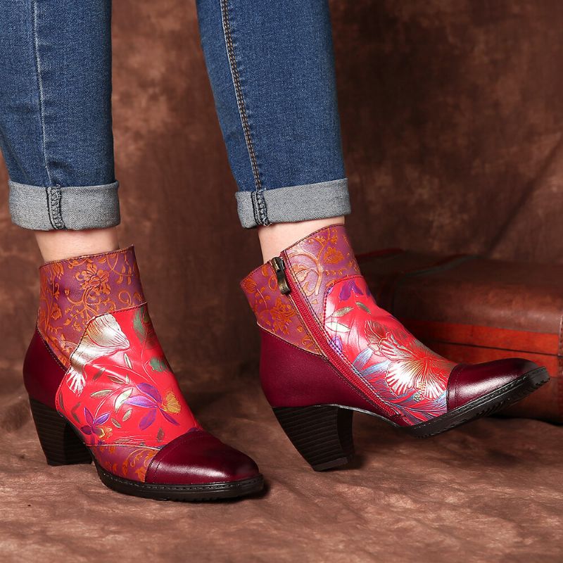 Bunt Bedrucktes Blumenmuster Im Retro-stil Mit Geprägten Nähten Und Bequemen High-heel-stiefeln Mit Reißverschluss