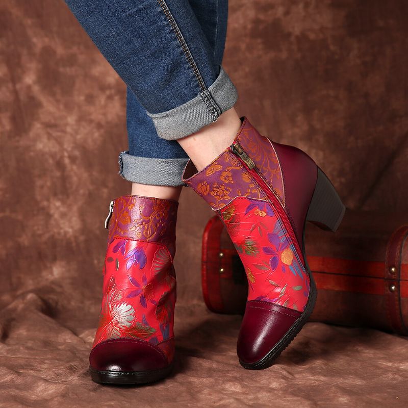 Bunt Bedrucktes Blumenmuster Im Retro-stil Mit Geprägten Nähten Und Bequemen High-heel-stiefeln Mit Reißverschluss