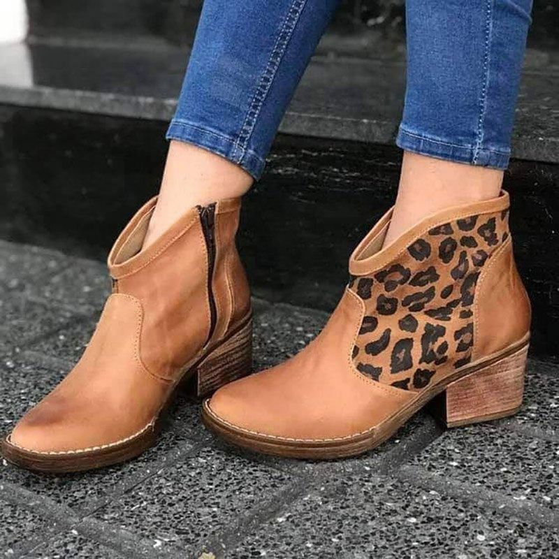 Casual Splicing Leopard Seitenreißverschluss Chunky Heel Cowboy Stiefeletten Für Damen