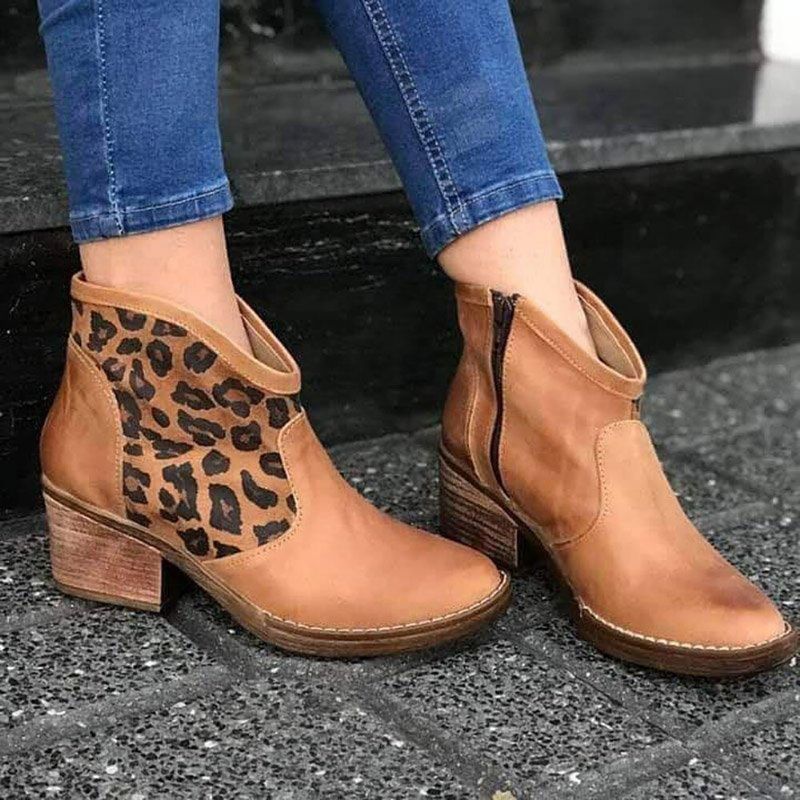 Casual Splicing Leopard Seitenreißverschluss Chunky Heel Cowboy Stiefeletten Für Damen