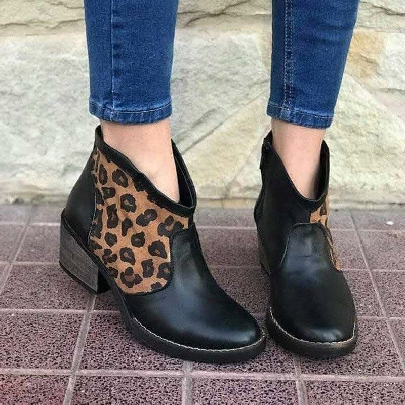 Casual Splicing Leopard Seitenreißverschluss Chunky Heel Cowboy Stiefeletten Für Damen