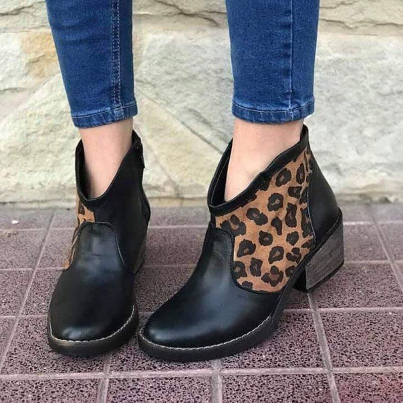 Casual Splicing Leopard Seitenreißverschluss Chunky Heel Cowboy Stiefeletten Für Damen