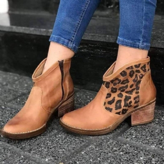 Casual Splicing Leopard Seitenreißverschluss Chunky Heel Cowboy Stiefeletten Für Damen