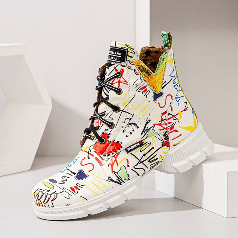 Damen Casual Graffiti Stytish Schnürstiefel Mit Dickem Unterteil Und Kurzer Wade