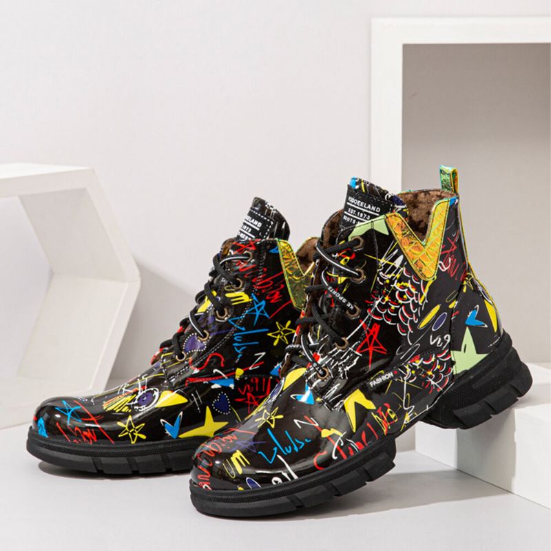 Damen Casual Graffiti Stytish Schnürstiefel Mit Dickem Unterteil Und Kurzer Wade