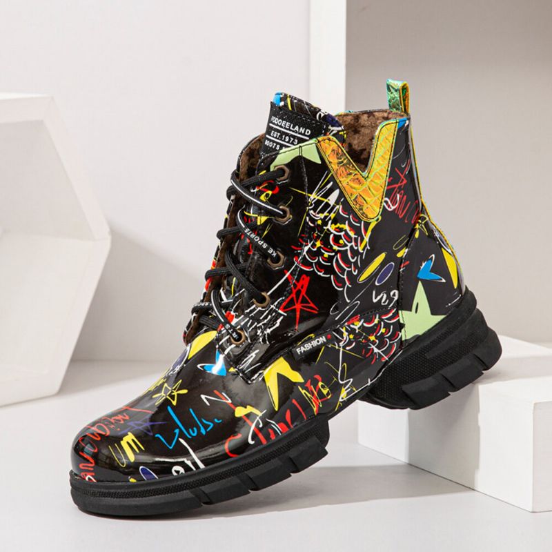 Damen Casual Graffiti Stytish Schnürstiefel Mit Dickem Unterteil Und Kurzer Wade