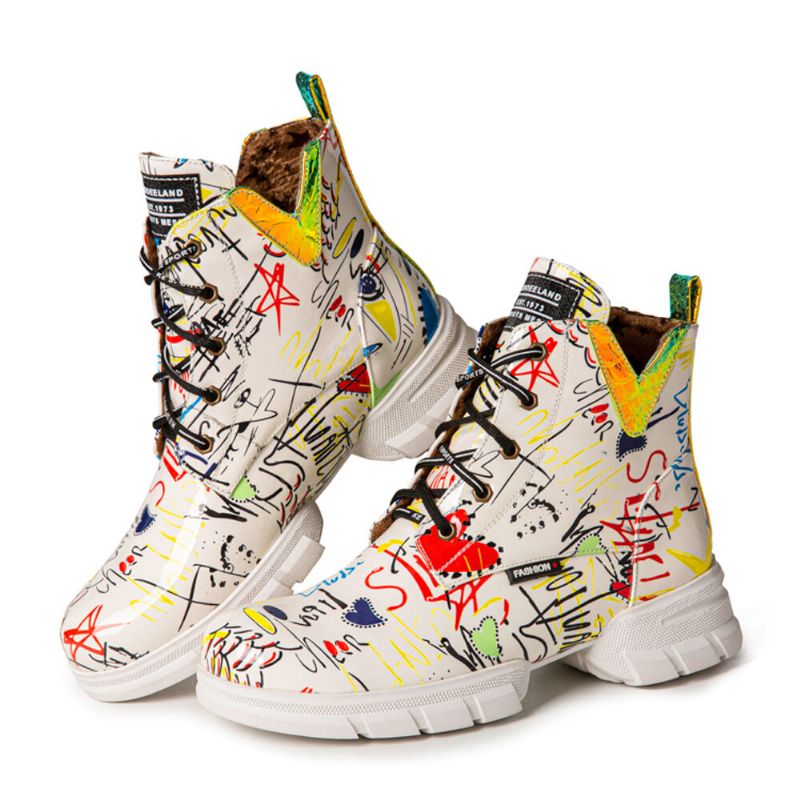 Damen Casual Graffiti Stytish Schnürstiefel Mit Dickem Unterteil Und Kurzer Wade