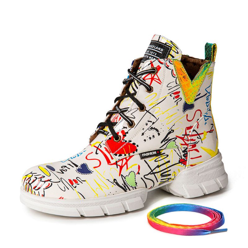 Damen Casual Graffiti Stytish Schnürstiefel Mit Dickem Unterteil Und Kurzer Wade