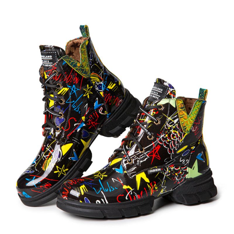 Damen Casual Graffiti Stytish Schnürstiefel Mit Dickem Unterteil Und Kurzer Wade