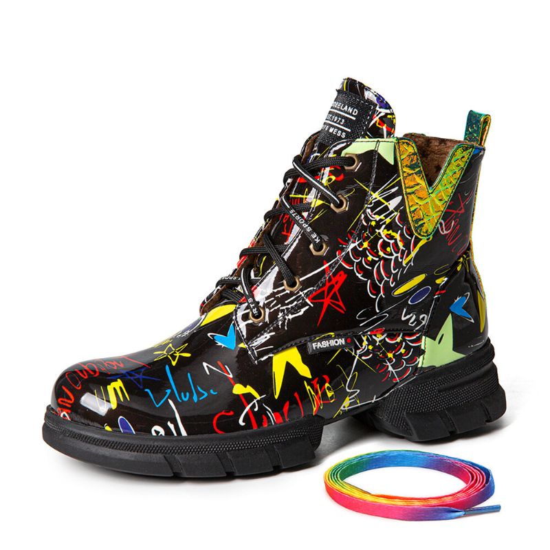 Damen Casual Graffiti Stytish Schnürstiefel Mit Dickem Unterteil Und Kurzer Wade