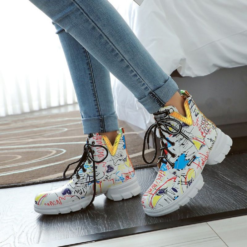 Damen Casual Graffiti Stytish Schnürstiefel Mit Dickem Unterteil Und Kurzer Wade