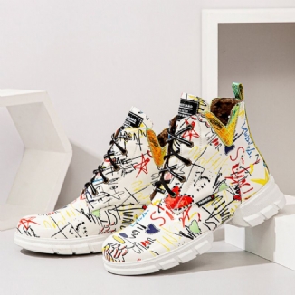 Damen Casual Graffiti Stytish Schnürstiefel Mit Dickem Unterteil Und Kurzer Wade