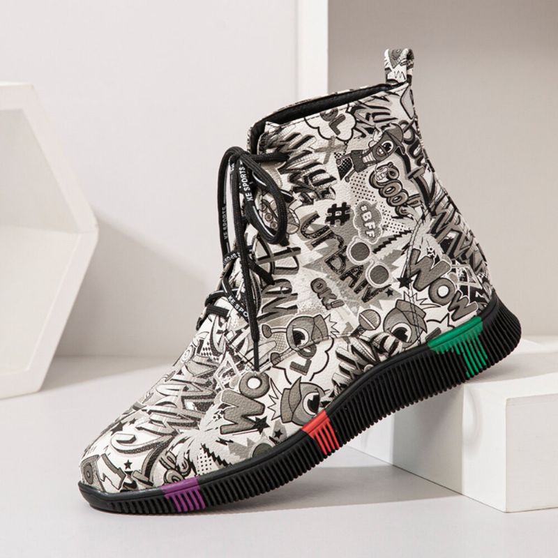 Damen Casual Letter Graffiti Printing Multicolor Lace Up Short Combat Boots