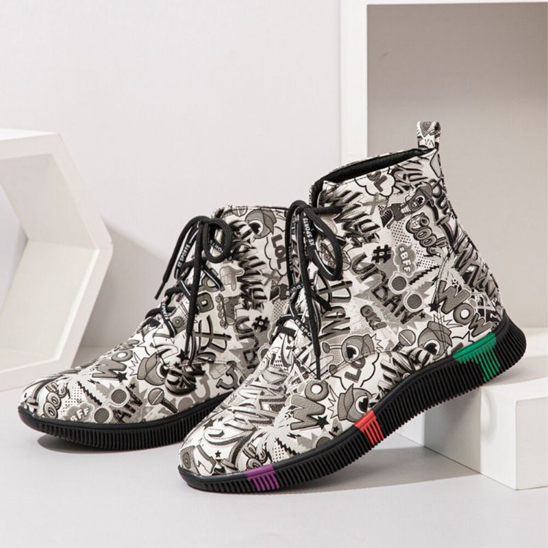 Damen Casual Letter Graffiti Printing Multicolor Lace Up Short Combat Boots