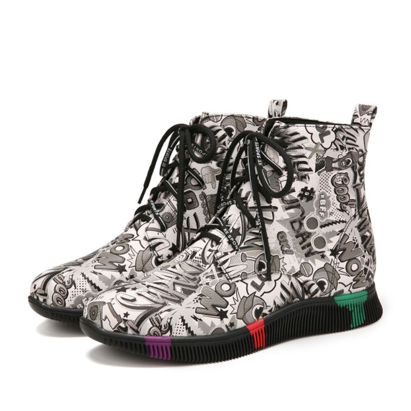 Damen Casual Letter Graffiti Printing Multicolor Lace Up Short Combat Boots