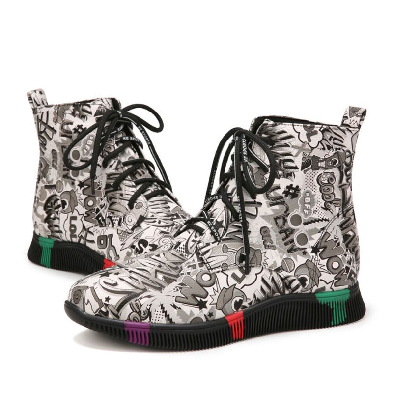 Damen Casual Letter Graffiti Printing Multicolor Lace Up Short Combat Boots