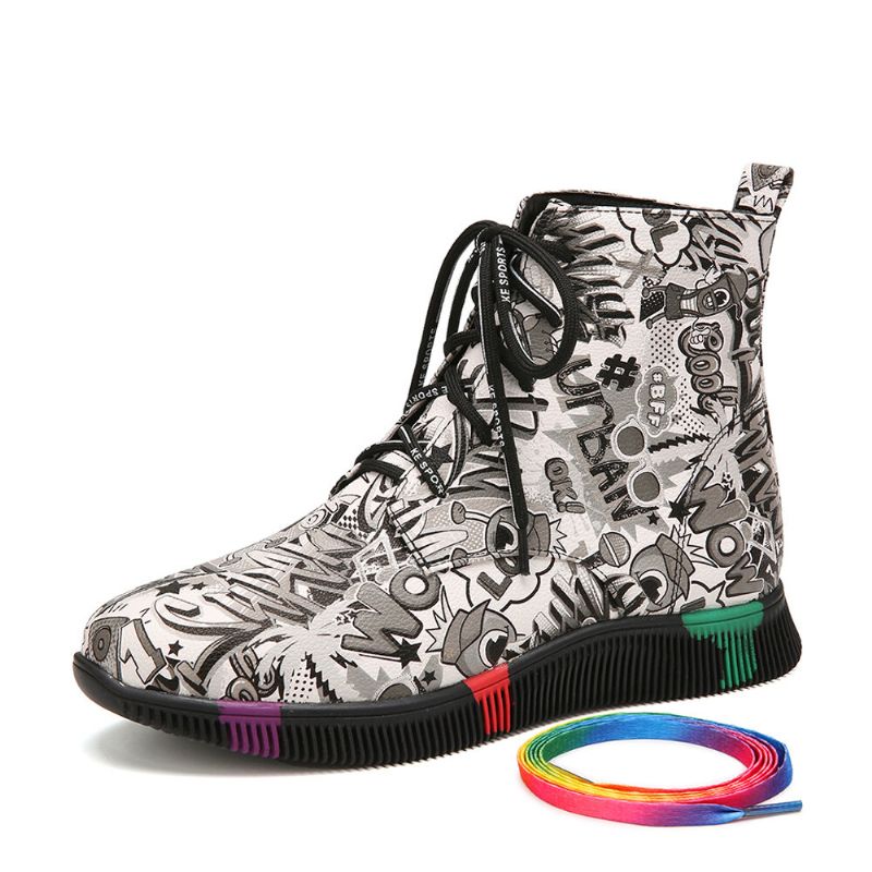 Damen Casual Letter Graffiti Printing Multicolor Lace Up Short Combat Boots