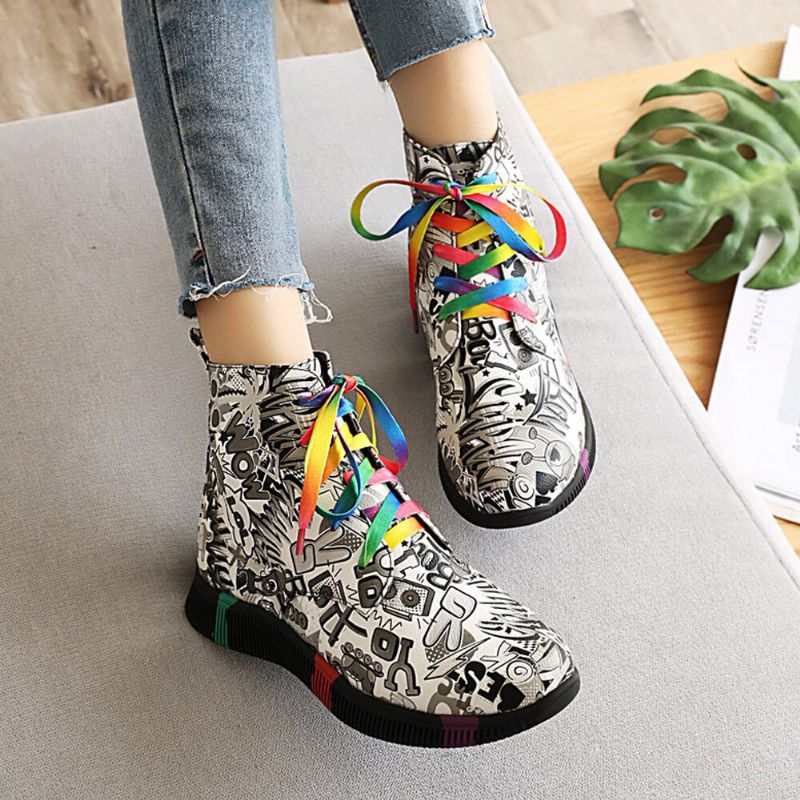 Damen Casual Letter Graffiti Printing Multicolor Lace Up Short Combat Boots