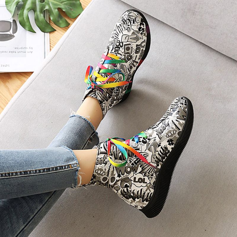 Damen Casual Letter Graffiti Printing Multicolor Lace Up Short Combat Boots