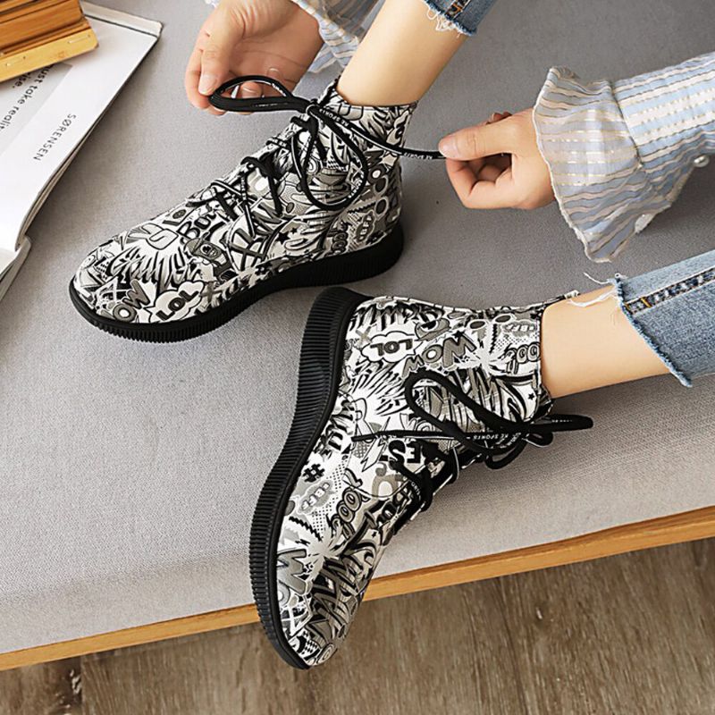 Damen Casual Letter Graffiti Printing Multicolor Lace Up Short Combat Boots