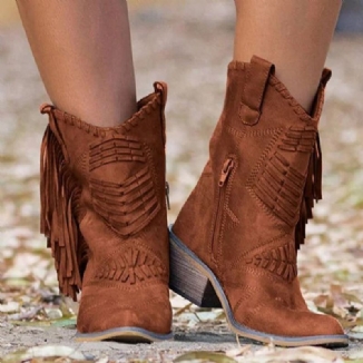 Damen-cowboy-stiefel Mit Seitlichem Reißverschluss Und Dicker Ferse Und Quaste In Übergröße