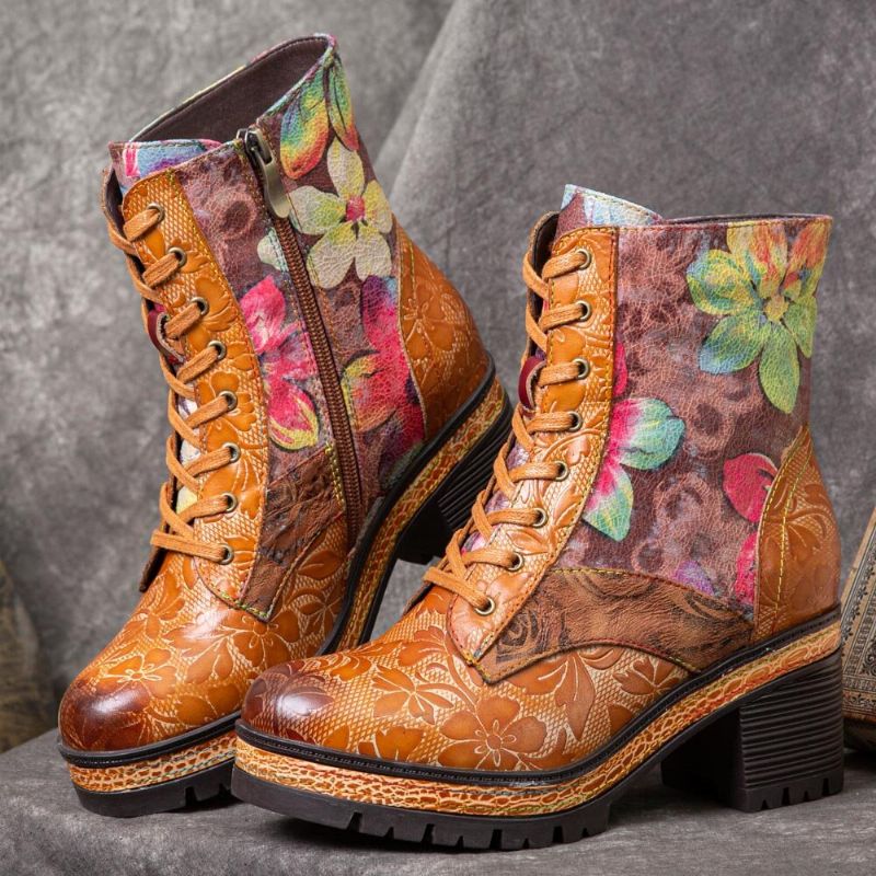 Damen-echtleder Farbiges Blumenmuster Runder Kopf Mittelhohe Stiefel