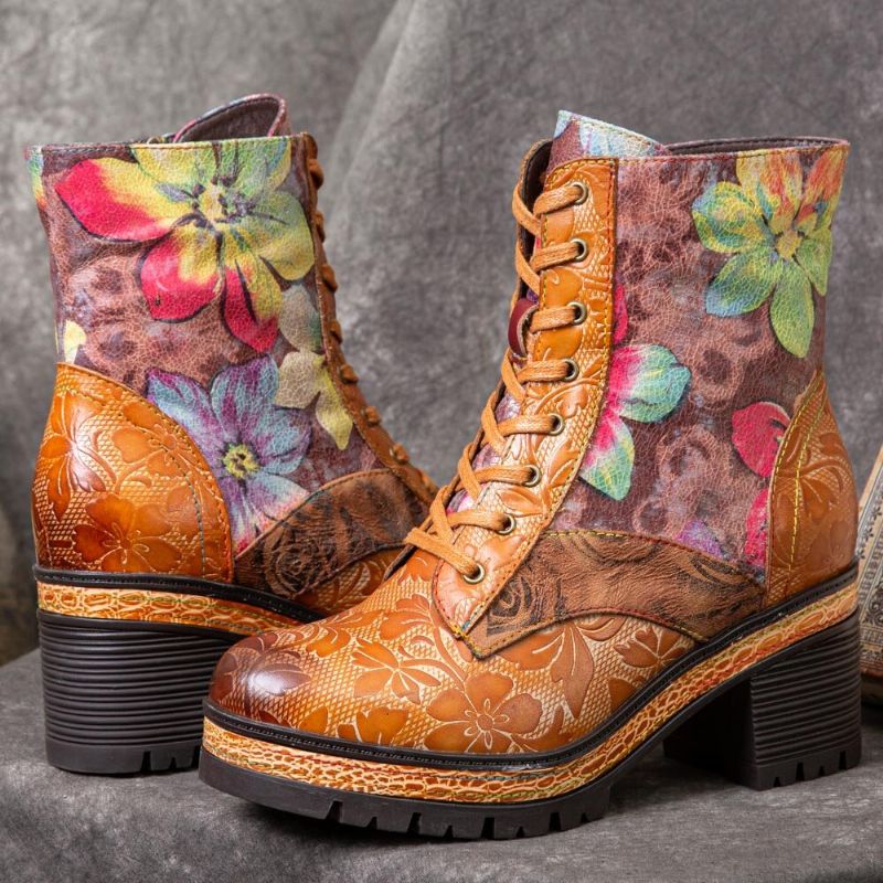 Damen-echtleder Farbiges Blumenmuster Runder Kopf Mittelhohe Stiefel