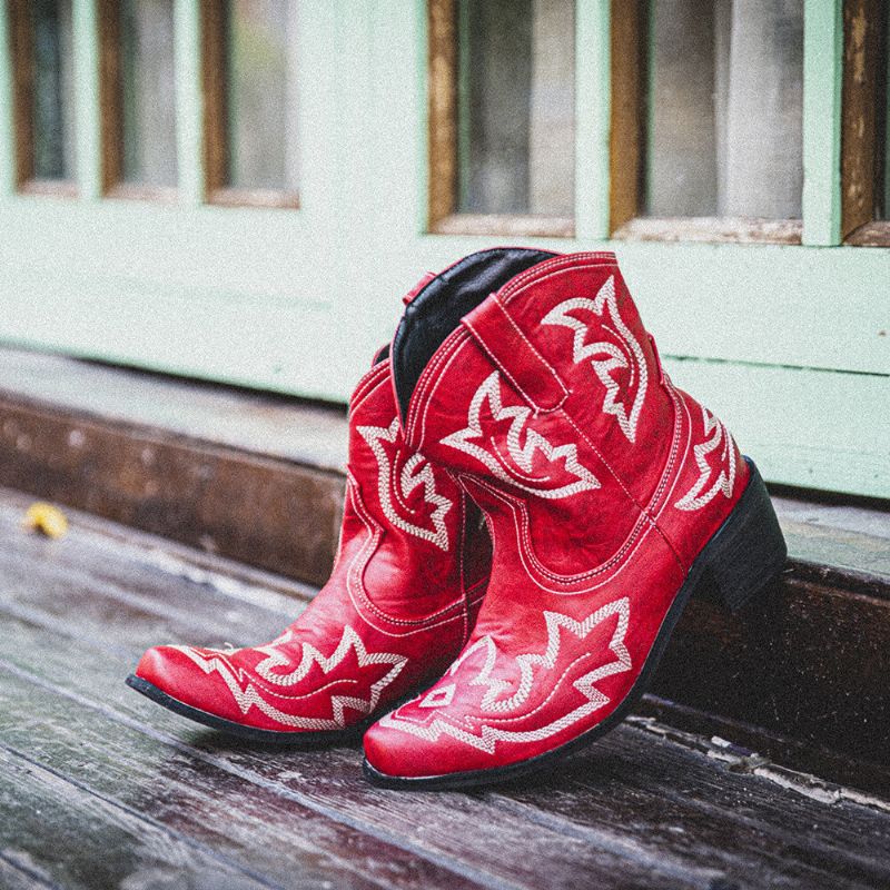 Damen Folkways Blumen Bestickt Chunky Heel Slip-on Short Cowboy Boots