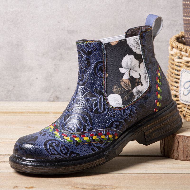 Damen-lederstiefeletten Mit Patchwork-nähten Und Retro-blumenprägung