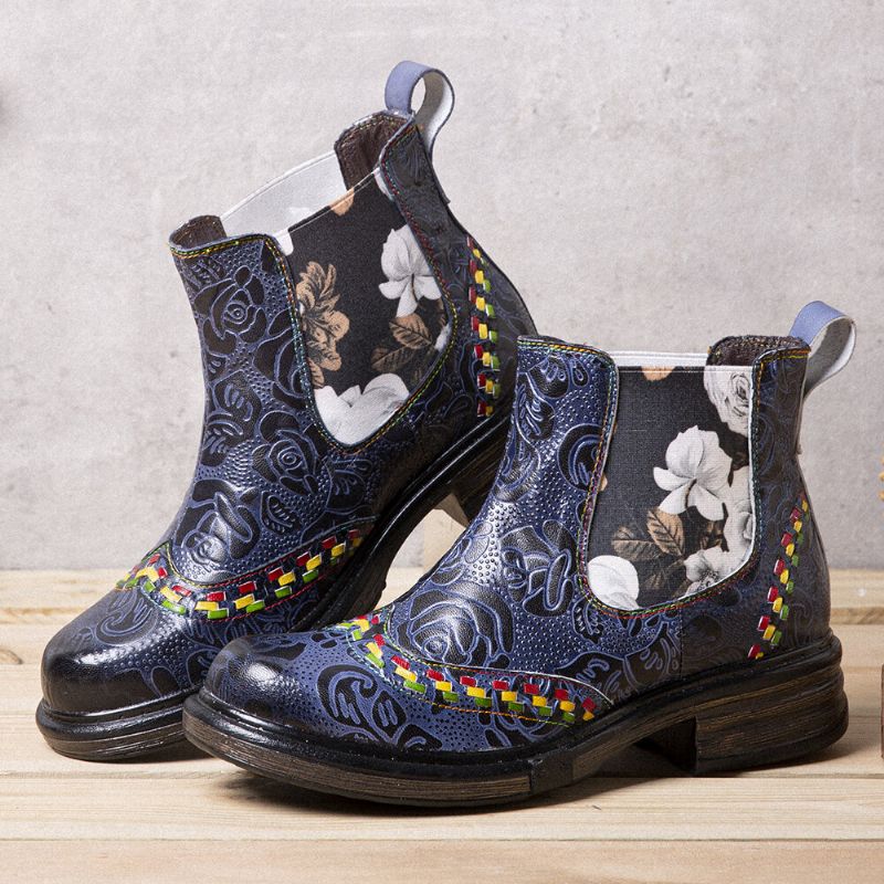 Damen-lederstiefeletten Mit Patchwork-nähten Und Retro-blumenprägung