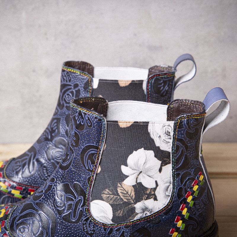 Damen-lederstiefeletten Mit Patchwork-nähten Und Retro-blumenprägung