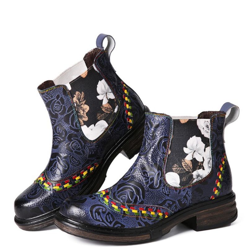 Damen-lederstiefeletten Mit Patchwork-nähten Und Retro-blumenprägung