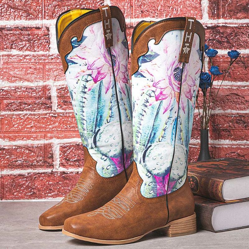 Damen Retro Blumendruck Karree Slip-on Cowboystiefel