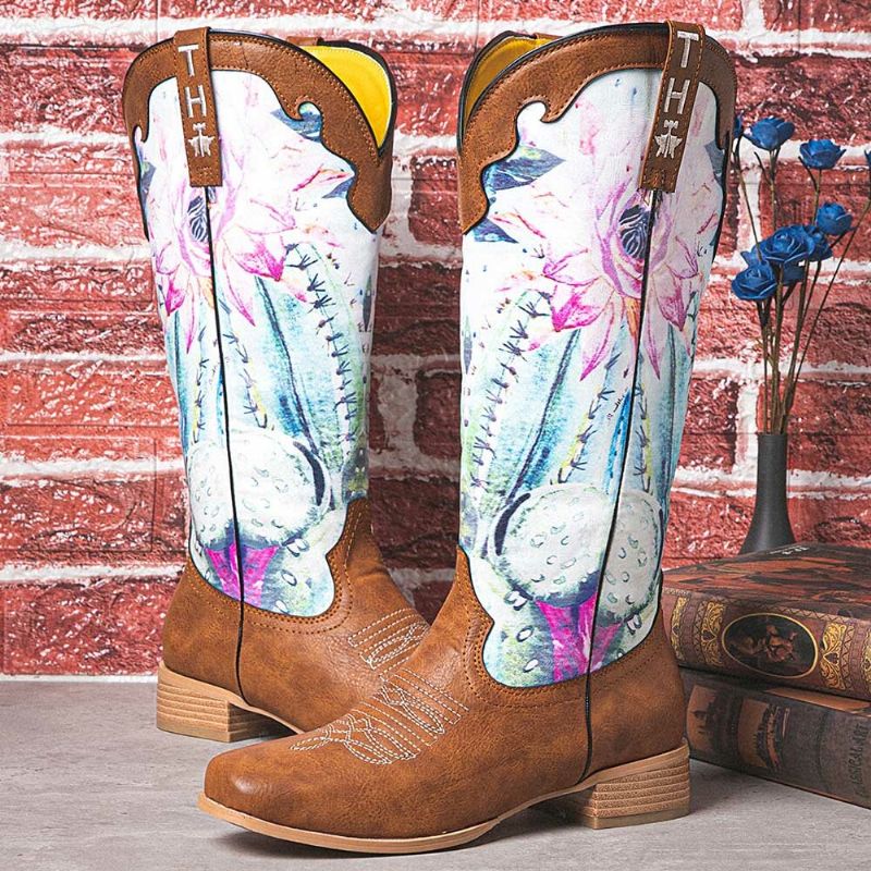 Damen Retro Blumendruck Karree Slip-on Cowboystiefel