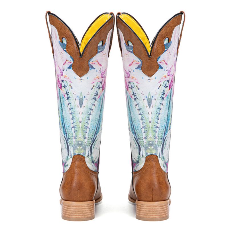 Damen Retro Blumendruck Karree Slip-on Cowboystiefel