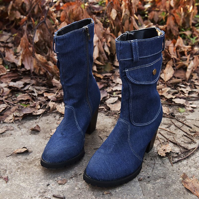 Damen Retro-denim-stoff Mit Seitlichem Reißverschluss Taschendekor Dicker Absatz Mittelhohe Stiefel