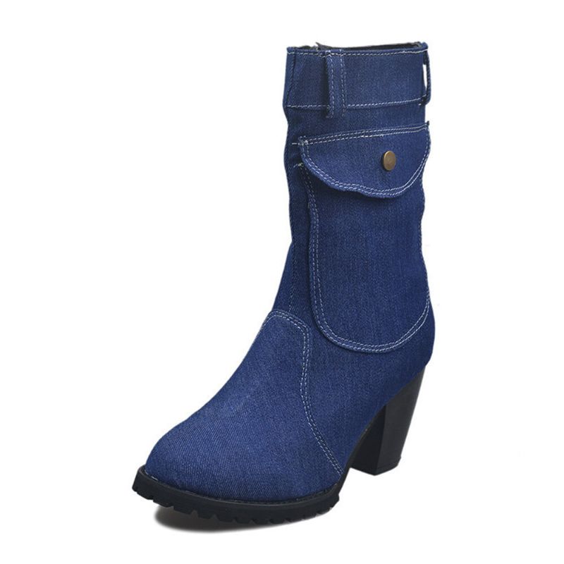 Damen Retro-denim-stoff Mit Seitlichem Reißverschluss Taschendekor Dicker Absatz Mittelhohe Stiefel