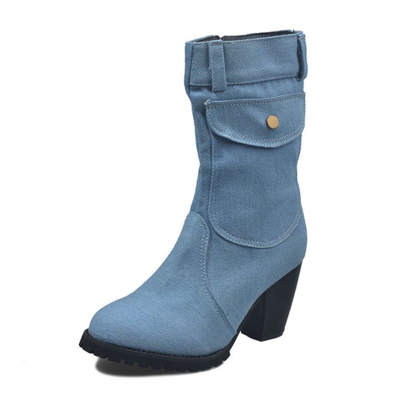 Damen Retro-denim-stoff Mit Seitlichem Reißverschluss Taschendekor Dicker Absatz Mittelhohe Stiefel