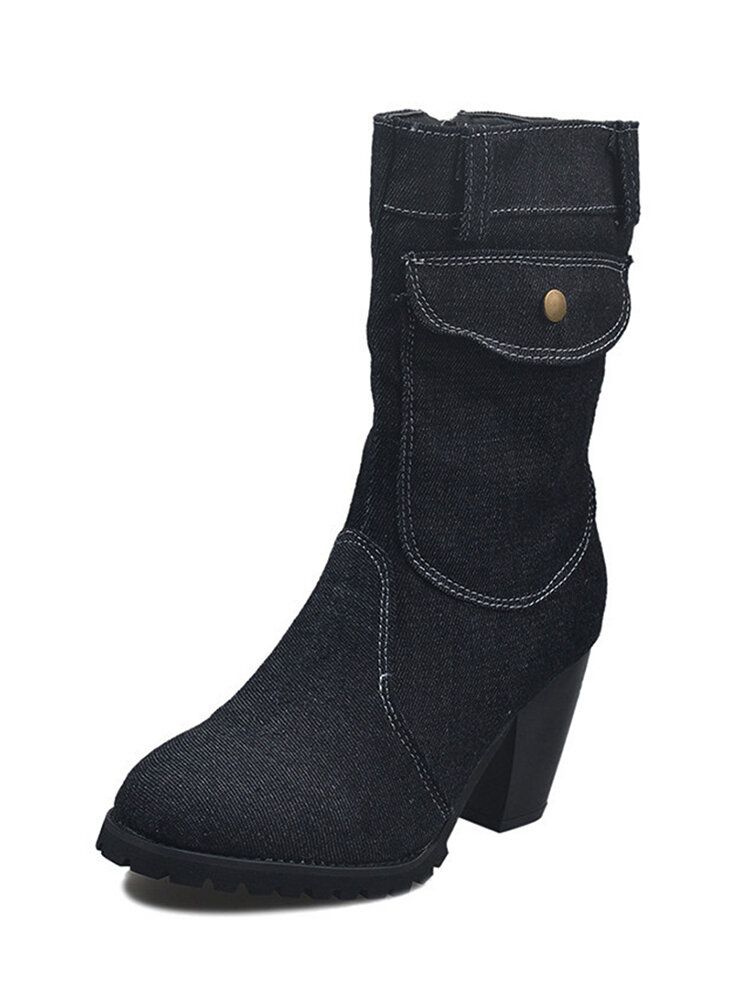 Damen Retro-denim-stoff Mit Seitlichem Reißverschluss Taschendekor Dicker Absatz Mittelhohe Stiefel