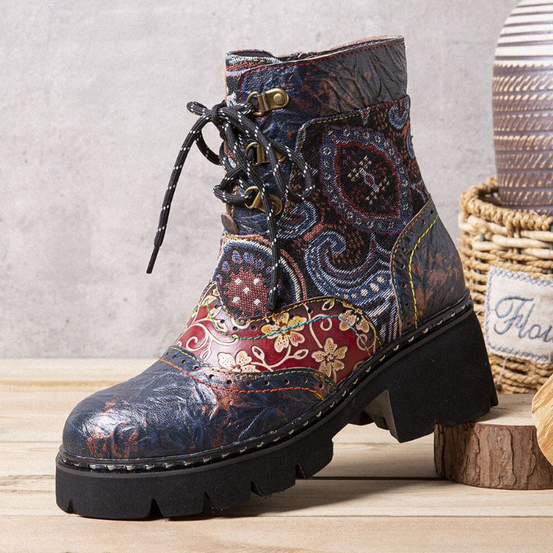 Damen-retro-ethno-stil Rutschfest Mit Blumenmuster Mittelhohe Stiefel Aus Leder