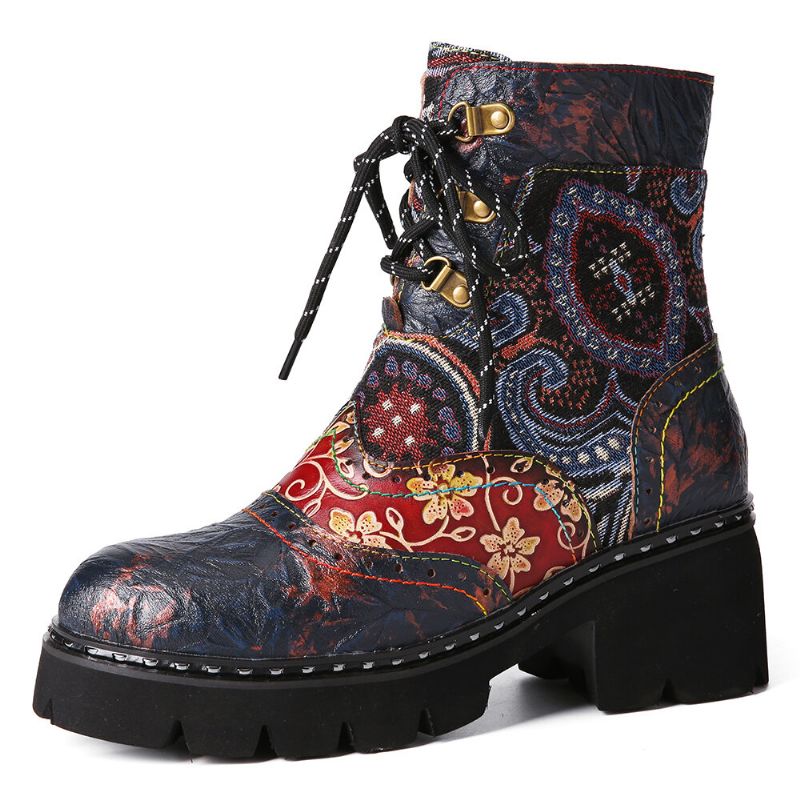 Damen-retro-ethno-stil Rutschfest Mit Blumenmuster Mittelhohe Stiefel Aus Leder