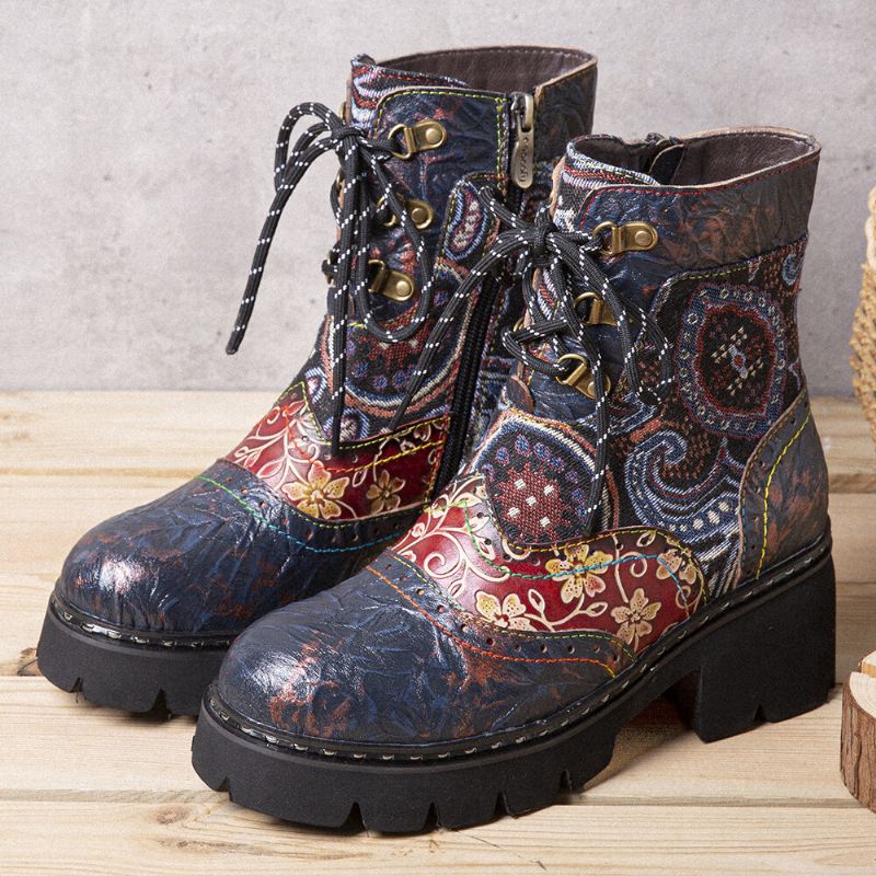 Damen-retro-ethno-stil Rutschfest Mit Blumenmuster Mittelhohe Stiefel Aus Leder