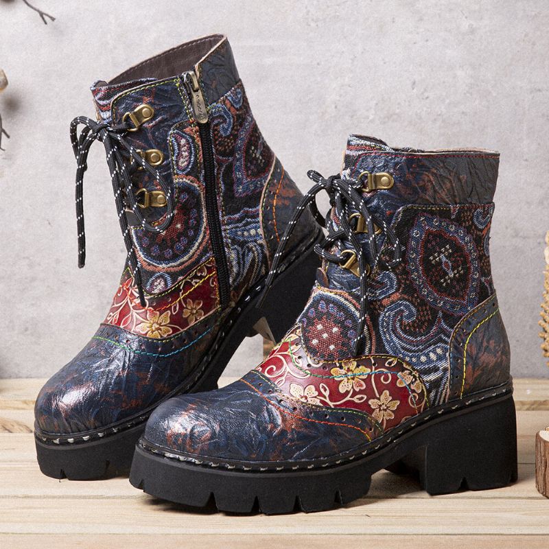 Damen-retro-ethno-stil Rutschfest Mit Blumenmuster Mittelhohe Stiefel Aus Leder