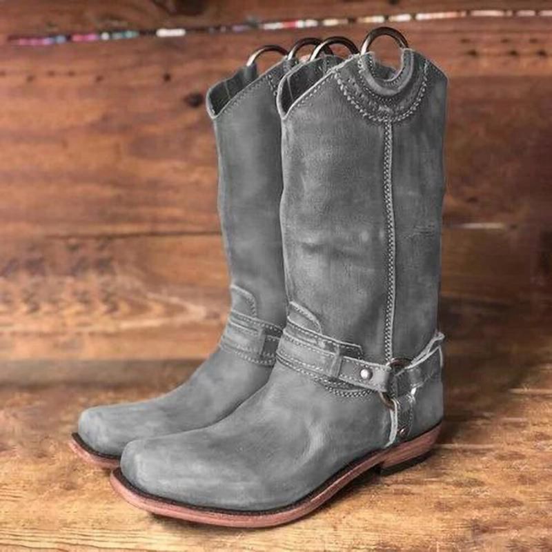 Damen Retro-stiefel Mit Eckiger Zehenpartie