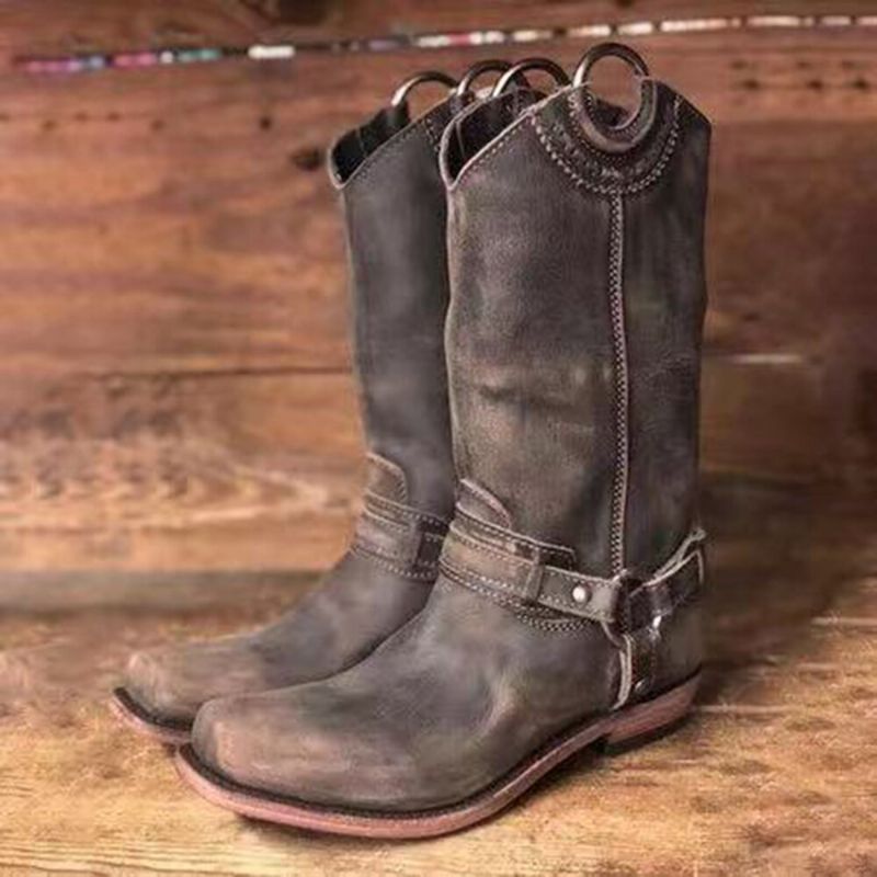 Damen Retro-stiefel Mit Eckiger Zehenpartie