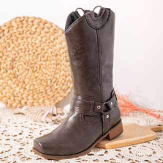 Damen Retro-stiefel Mit Eckiger Zehenpartie