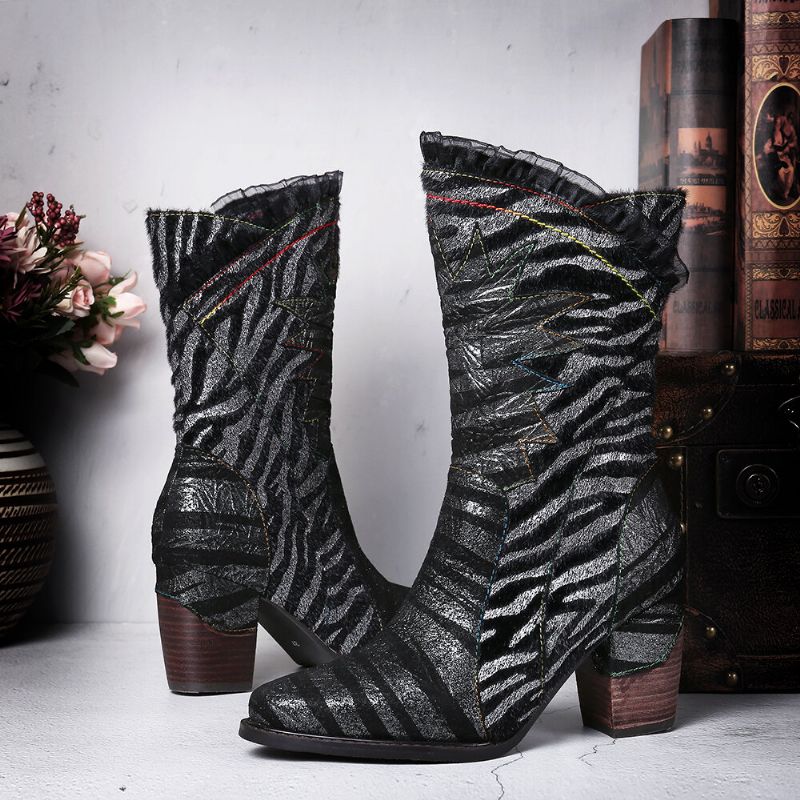 Damen-spitzendesign Metallfarbe Zebramuster Spitzer Zeh Reißverschluss Blockabsatz Westernstiefel