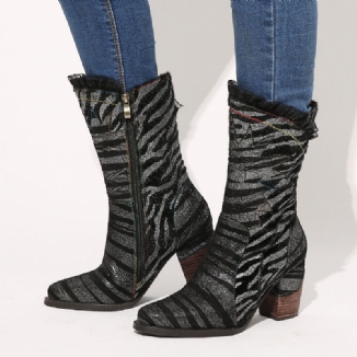 Damen-spitzendesign Metallfarbe Zebramuster Spitzer Zeh Reißverschluss Blockabsatz Westernstiefel