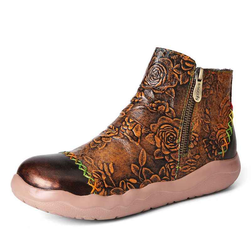 Damen-stiefeletten Aus Echtem Leder Mit Blumenmuster Und Bunter Naht